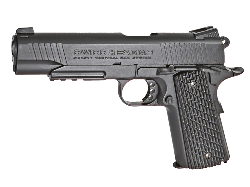 Swiss Arms 1911 4.5mm/.177 Tactical Rail Co2 Blowback Pistol (Cybergun – Black – 288513)