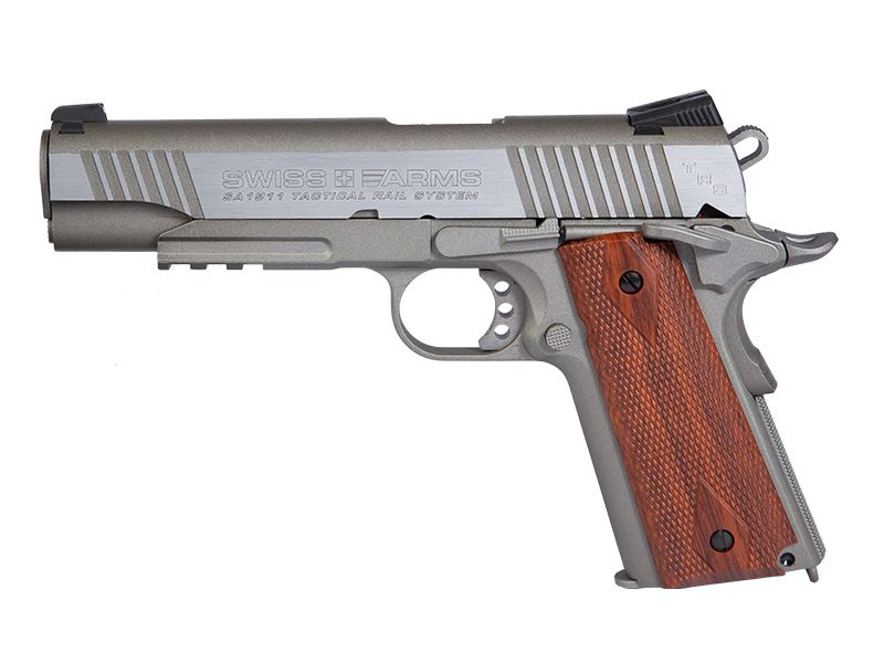 Swiss Arms 1911 4.5mm/.177 Tactical Rail Co2 Blowback Pistol (Cybergun – Silver – 288508)
